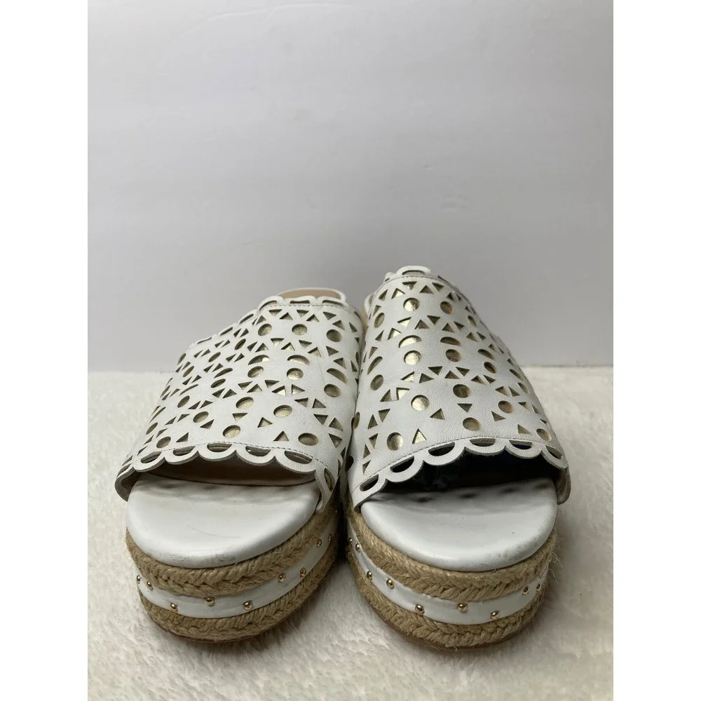 White House Black Market White Gold Laser Cut Studded Espadrille Wedge Sandal 8M